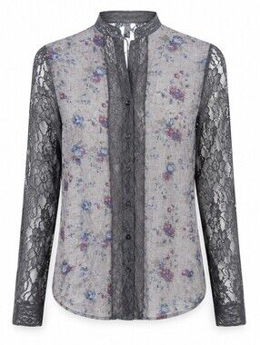 Romantic Boho Floral Lace Blouse Sheer Sleeves Mandarin Collar BKE Size S